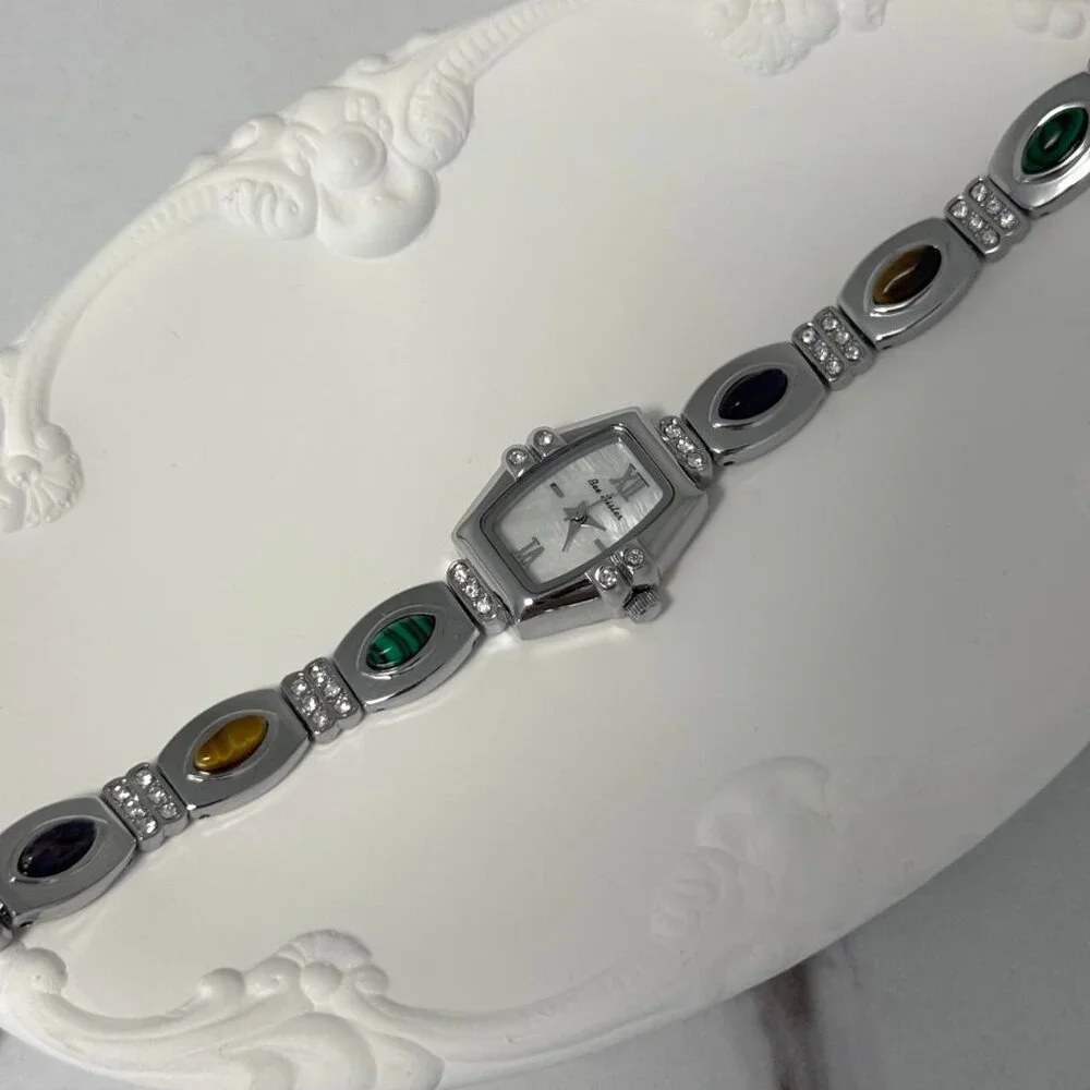 Sku0320‎ Casual Women Silver/Multicoloured Gemstones Fashion Watch + gift bag
